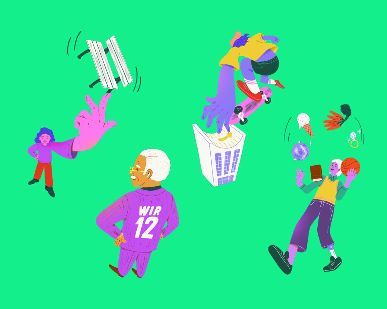 Bunte Illustrationen auf grünem Hintergrund