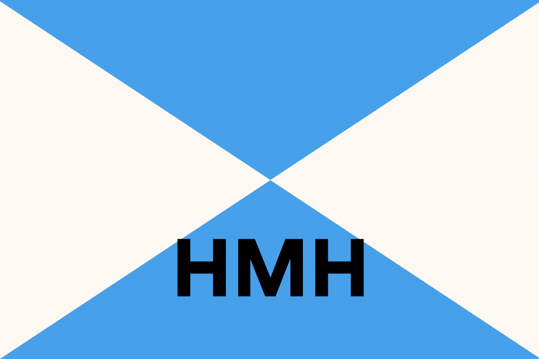 Animiertes Logo des Historischen Museums Hannover (HMH). Auf hellblau-weißen, diagonal geteilten Flächen erscheinen in der Mitte in schwarzer Schrift die Buchstaben „HMH“.
