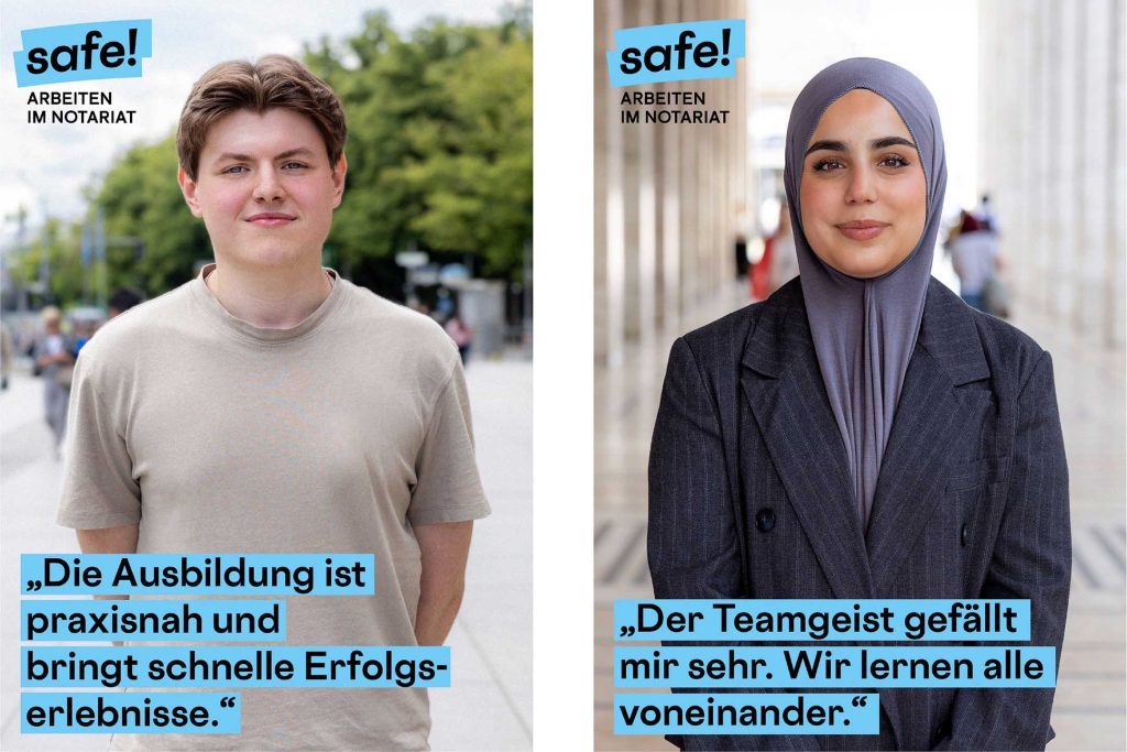 Postkartendesign der Kampagne safe! Arbeiten im Notariat für die Bundesnotarkammer. Zitate der Protagonist:innen stehen unter ihrem Portrait