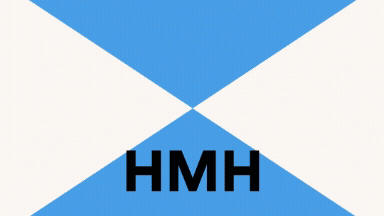 Logoanimation: HMH in schwarzen Buchstaben. Darüber schweben nacheinander drei gebogene Linien wie Papier herab und setzen sich gestaffelt übereinander.