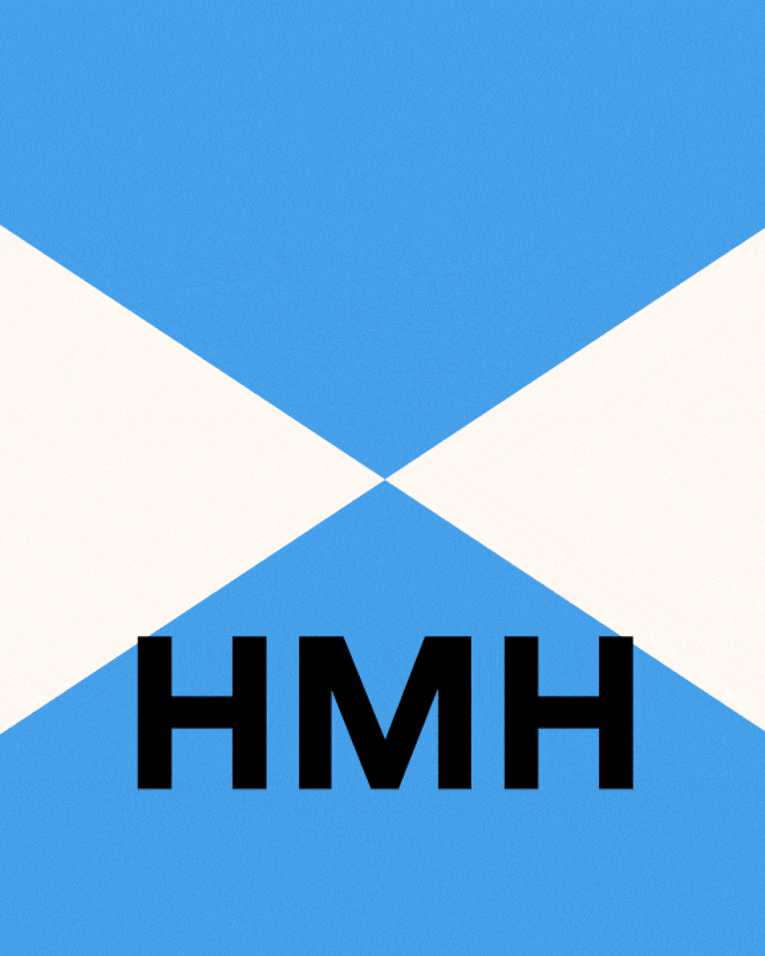 Logoanimation: HMH in schwarzen Buchstaben. Darüber schweben nacheinander drei gebogene Linien wie Papier herab und setzen sich gestaffelt übereinander.