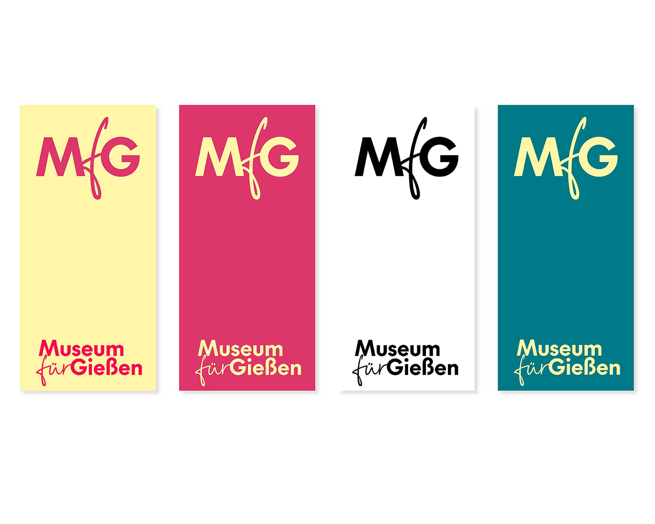 Vier Varianten des Logos „MfG – Museum für Gießen“ nebeneinander. Von links nach rechts: 1) gelber Hintergrund mit pinkem „MfG“-Schriftzug oben und pinkem Schriftzug „Museum für Gießen“ unten; 2) pinker Hintergrund mit gelbem „MfG“ und gelbem Schriftzug unten; 3) weißer Hintergrund mit schwarzem „MfG“ und schwarzem Schriftzug unten; 4) petrolfarbener Hintergrund mit gelbem „MfG“ und gelbem Schriftzug unten.