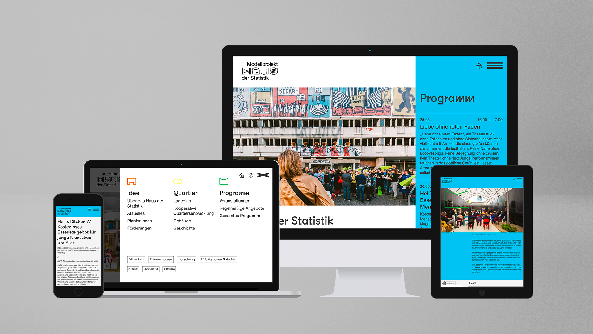 Bild von verschiedenen Geräten (MacBook, iPhone, Tablet, iMac) mit der Anwendung der Website