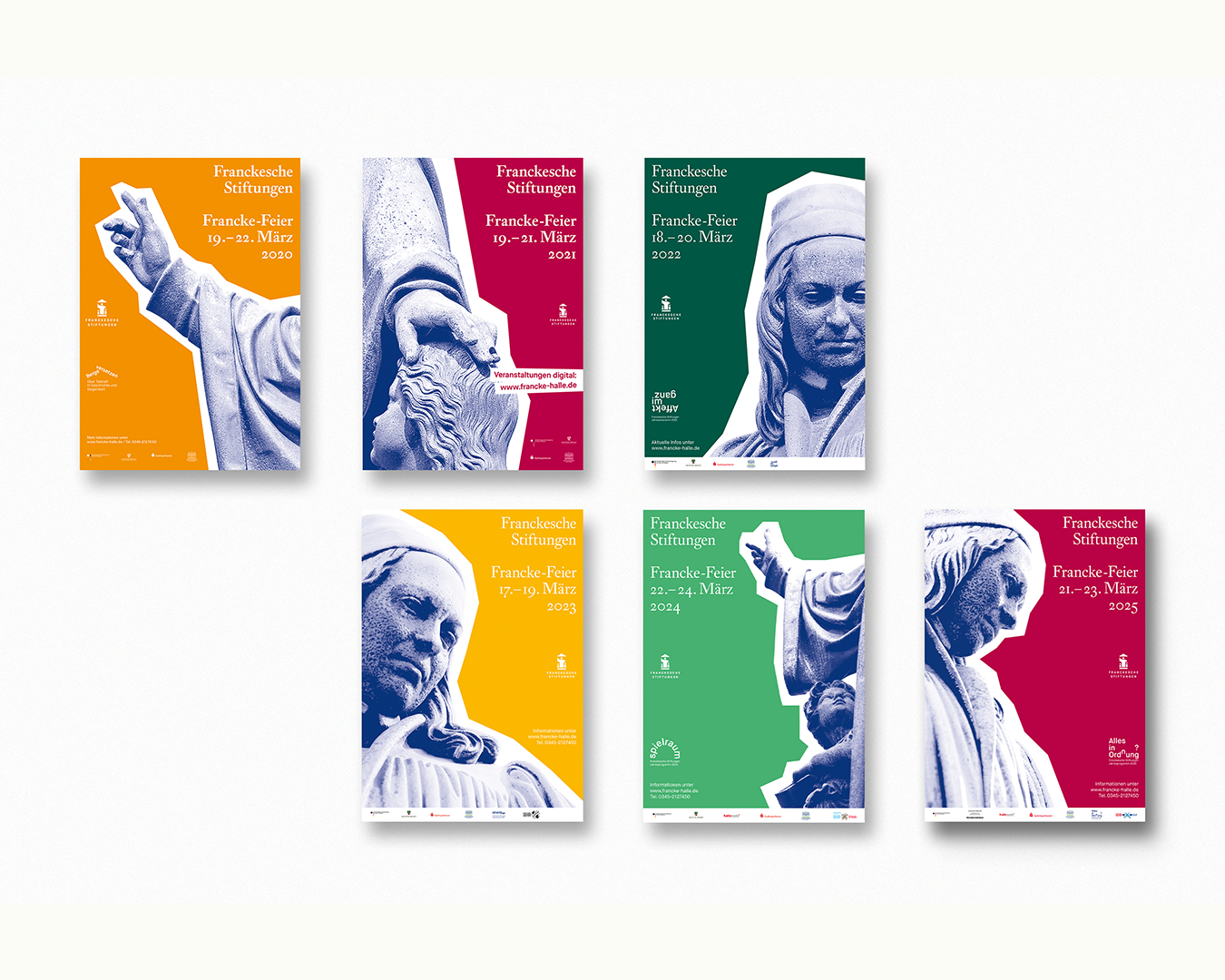 Ansicht von Plakaten für die Frankefeier. Bunter Hintergrund mit Abbildung der Francke Statue