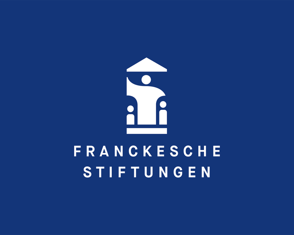 Logo der Frankeschen Stiftungen. Weiß auf Blauem Hintergrund. Das reduzierte Francke-Denkmal mit dem Schriftzug Franckesche Stiftungen