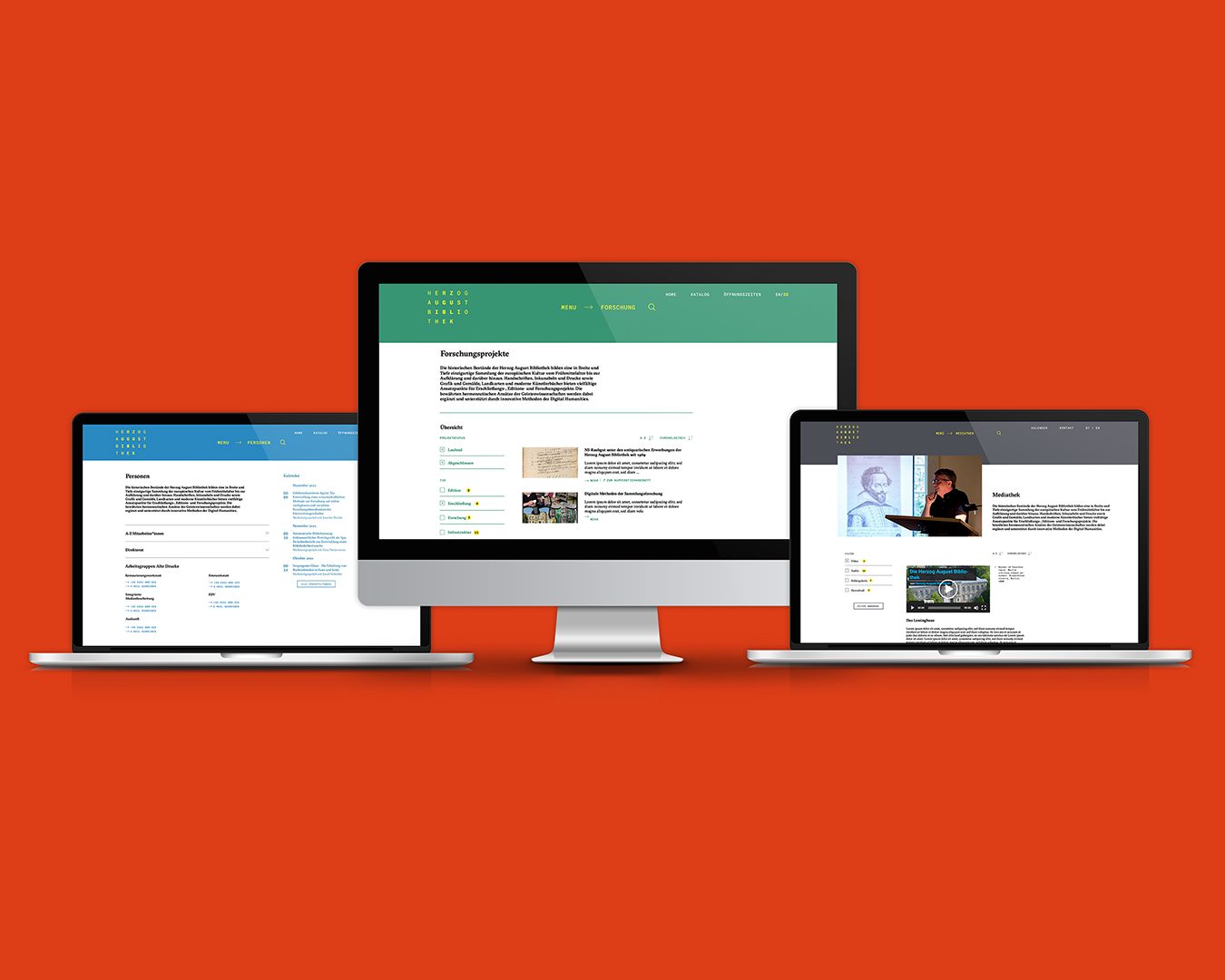 Drei Ansichten der Website hab.de auf zwei Laptops und einem Desktop-Computer.
