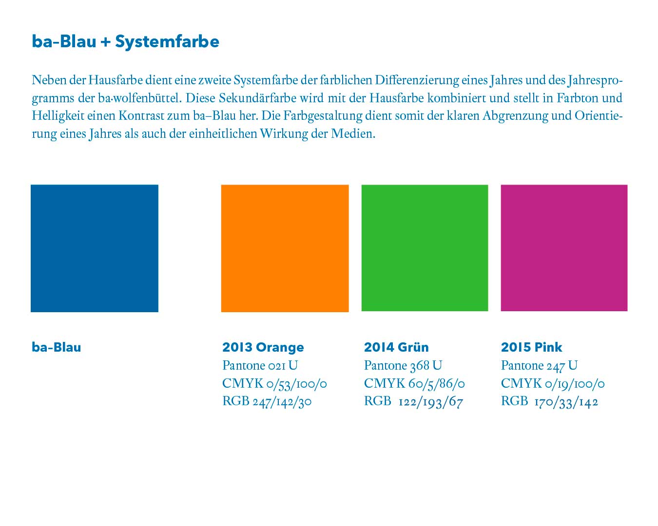Farbwelt der Bundesakademie Wolfenbüttel. Hauptfarbe Blau und Akzentfarben Orange, Grün und Lila