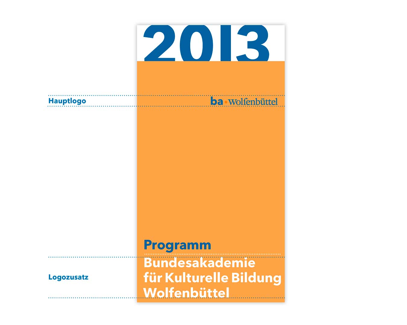 Ansicht eines Faltblatts der Bundesakademie Wolfenbüttel. Die Jahreszahl 2013 in Blau über orangener Fläche. Darauf: „Programm“