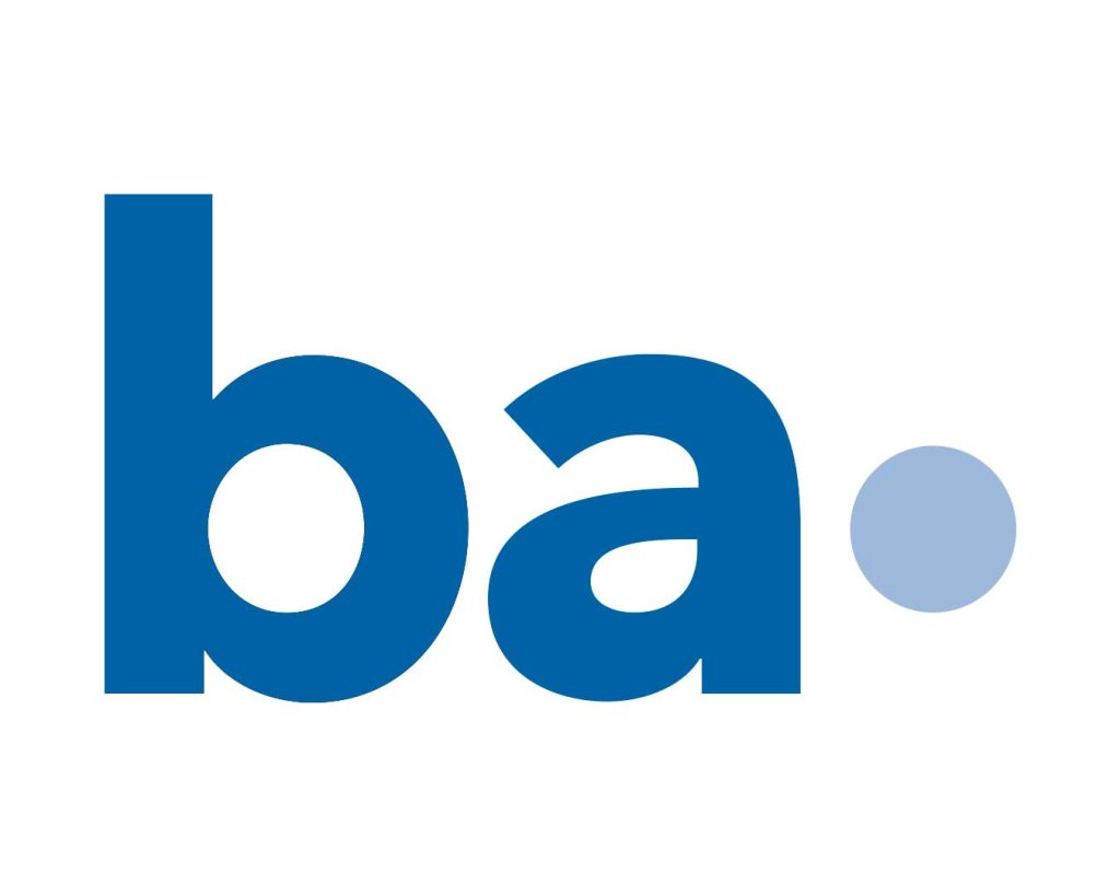 Logo der Bundesakademie Wolfenbüttel. Die Buchstaben ba und ein hellblauer Punkt