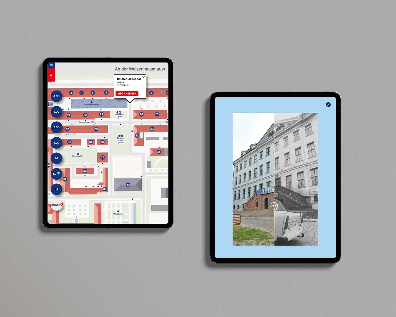 Ansicht zweier iPads mit Bildungs- und Vermittlungsinhalten.