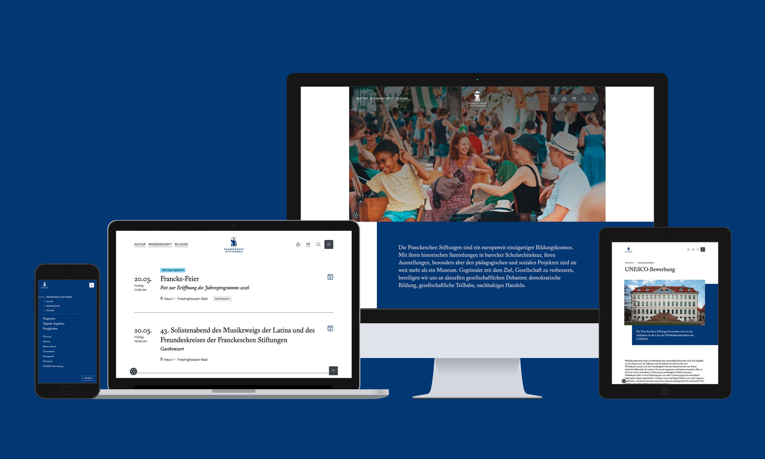 Ansichten verschiedener Screengrößen der Website der Franckeschen Stiftungen: Mobil-, Laptop-, Tablet- und Desktopgröße.