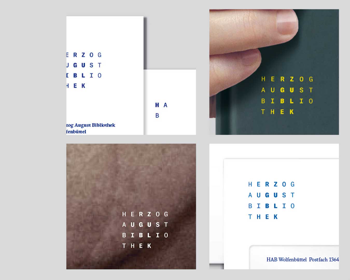 Ausschnitte aus gestalteten Medien einer Briefschaft in verschiedenen Farbkombinationen. Logo Herzog August Bibliothek.