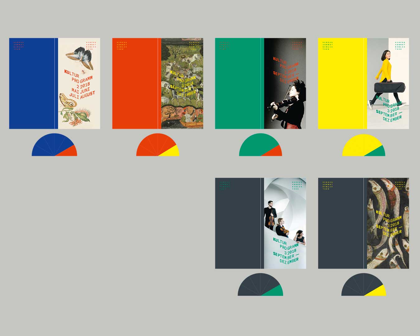 Ausschnitte aus gestalteten Umschlag-Doppelseiten in verschiedenen Farbkombinationen. Logo Herzog August Bibliothek und Abbildungen.