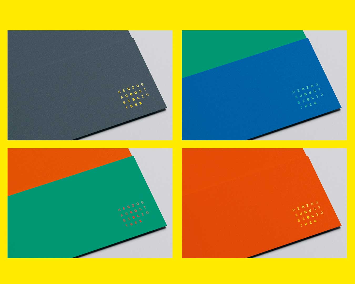 Ausschnitte aus gestalteten Präsentationsmappen in verschiedenen Farbkombinationen. Logo Herzog August Bibliothek.