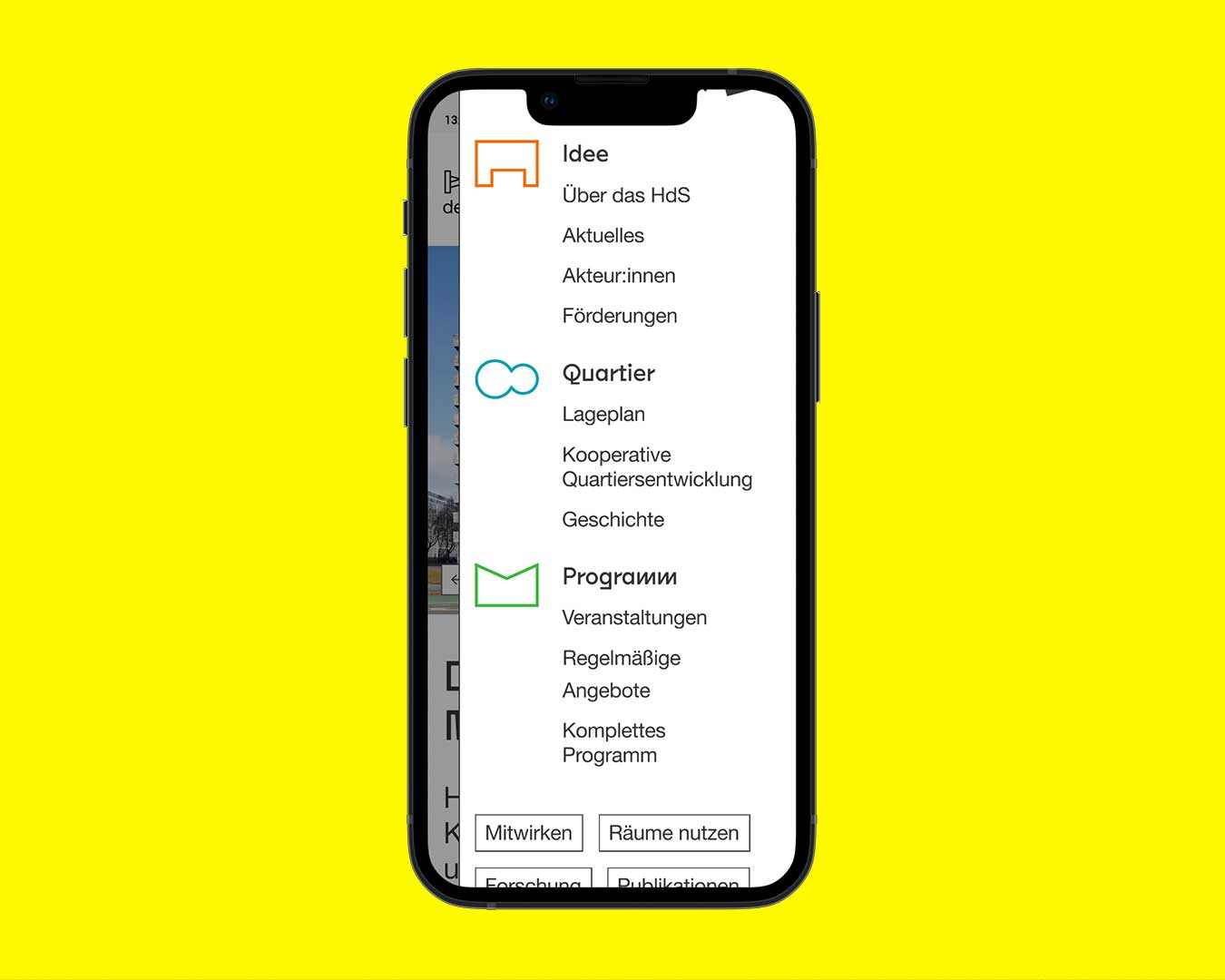 Mobilansicht der Website Haus der Statistik: Menüpunkte in Smartphone auf gelbem Hintergrund