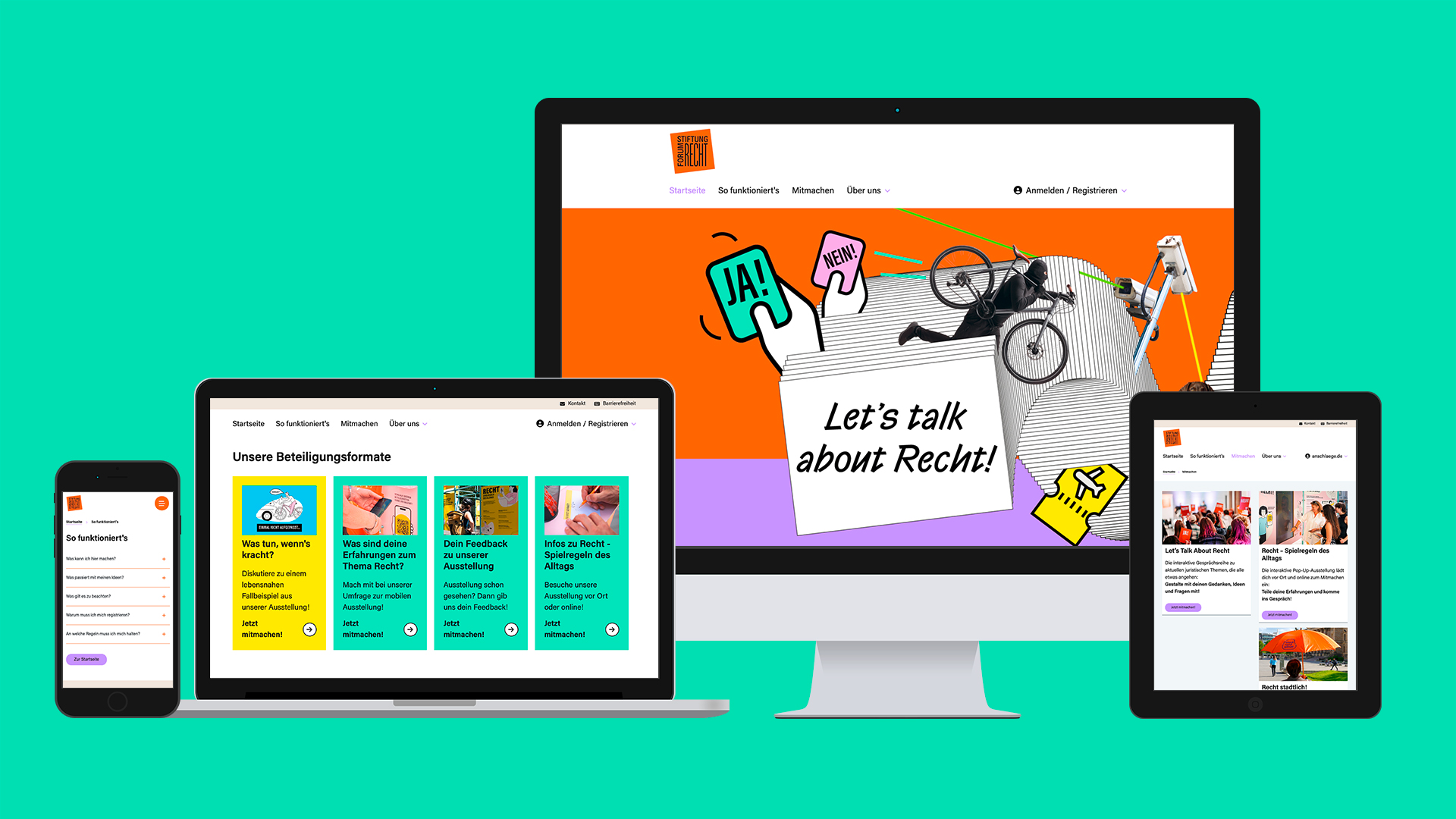 Die Website der Stiftung Formun Recht auf unterschiedlichen Medien wie Smartphone, Tablet und Laptop.