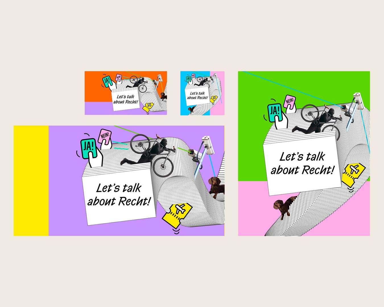 Verschiedene bunte Formate der Grafik. In der Mitte steht "Let's talk about Recht" rund herum sind Motive wie Kameras, ein Flugticket, ein Hund und ein Dieb.