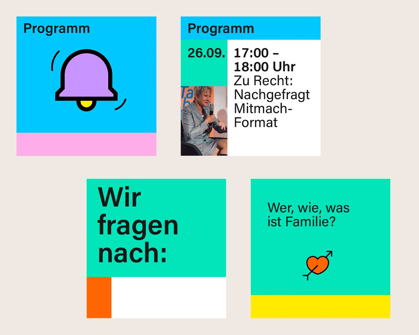 Grafiken für LED-Werbewand. Typografie auf farbigen Flächen: Programm, Wir fragen nach: Wer, wie, was ist „Familie“