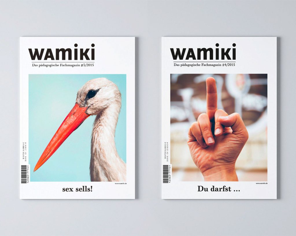 Titelseiten eines Magazins „wamiki“ Was mit Kindern – Das pädagogische Fachmagazin. Storch im Profil, Titel: „Sex sells“. Mittelfinger, Titel: „Du darfst…“