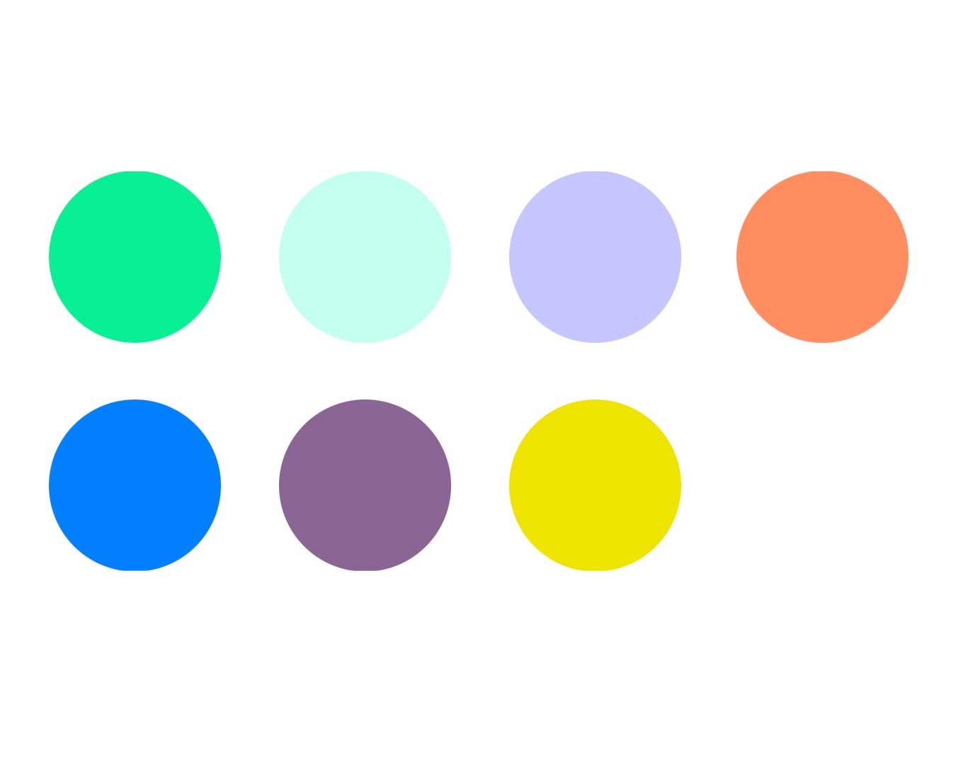 Farbwelt mit unterschiedlichen kreisförmigen Feldern: Mintgrün, Hellgrün, Flieder, Koralle, Blau, Lila, Gelb