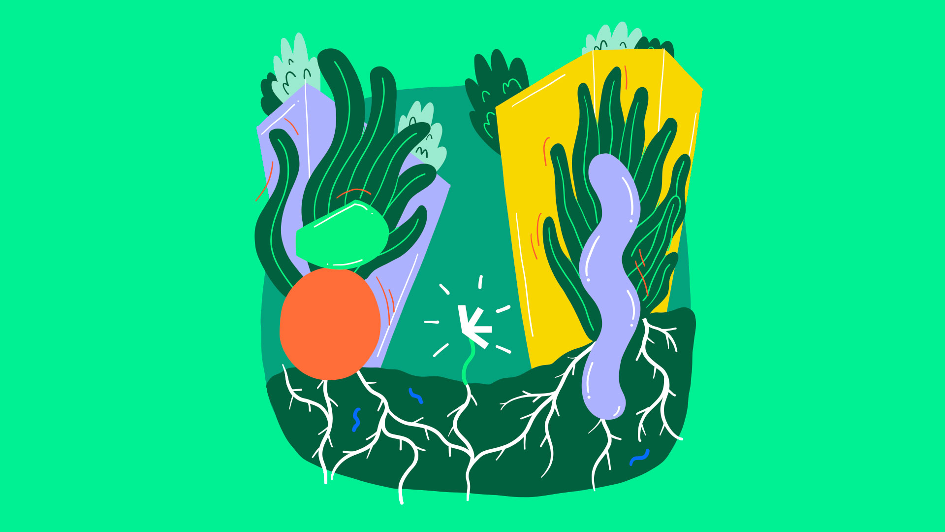 Illustration mit verschiedenfarbigen Elementen. Pflanzenartige Formen ranken sich um das kultur_formen Logo