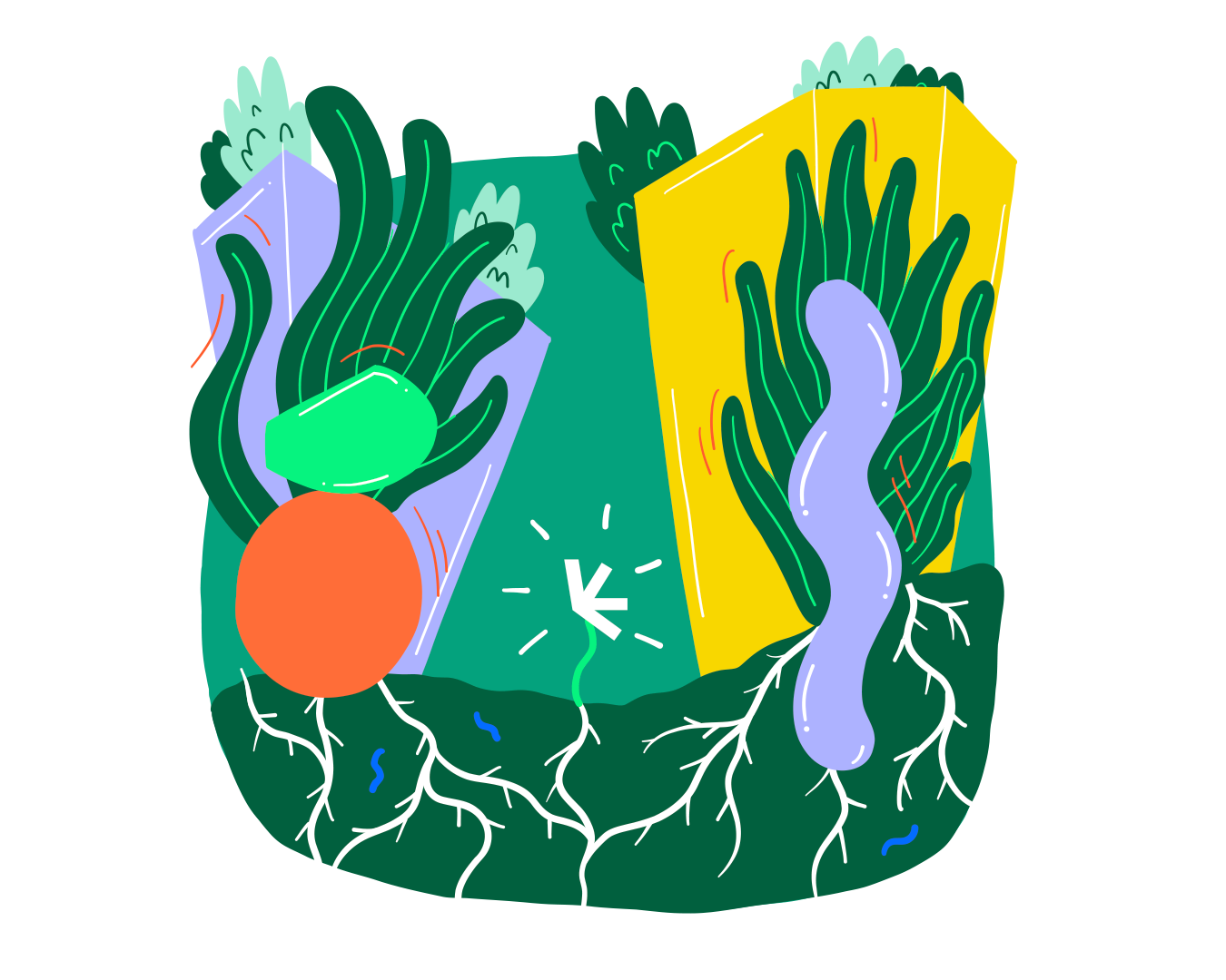 Illustration mit verschiedenfarbigen Elementen. Pflanzenartige Formen ranken sich um das kultur_formen Logo