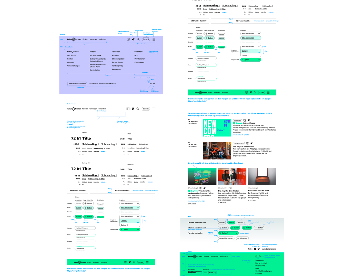 Schematische UI Design Ansicht: Größen und Abmessungen von Elementen eines Designsystems