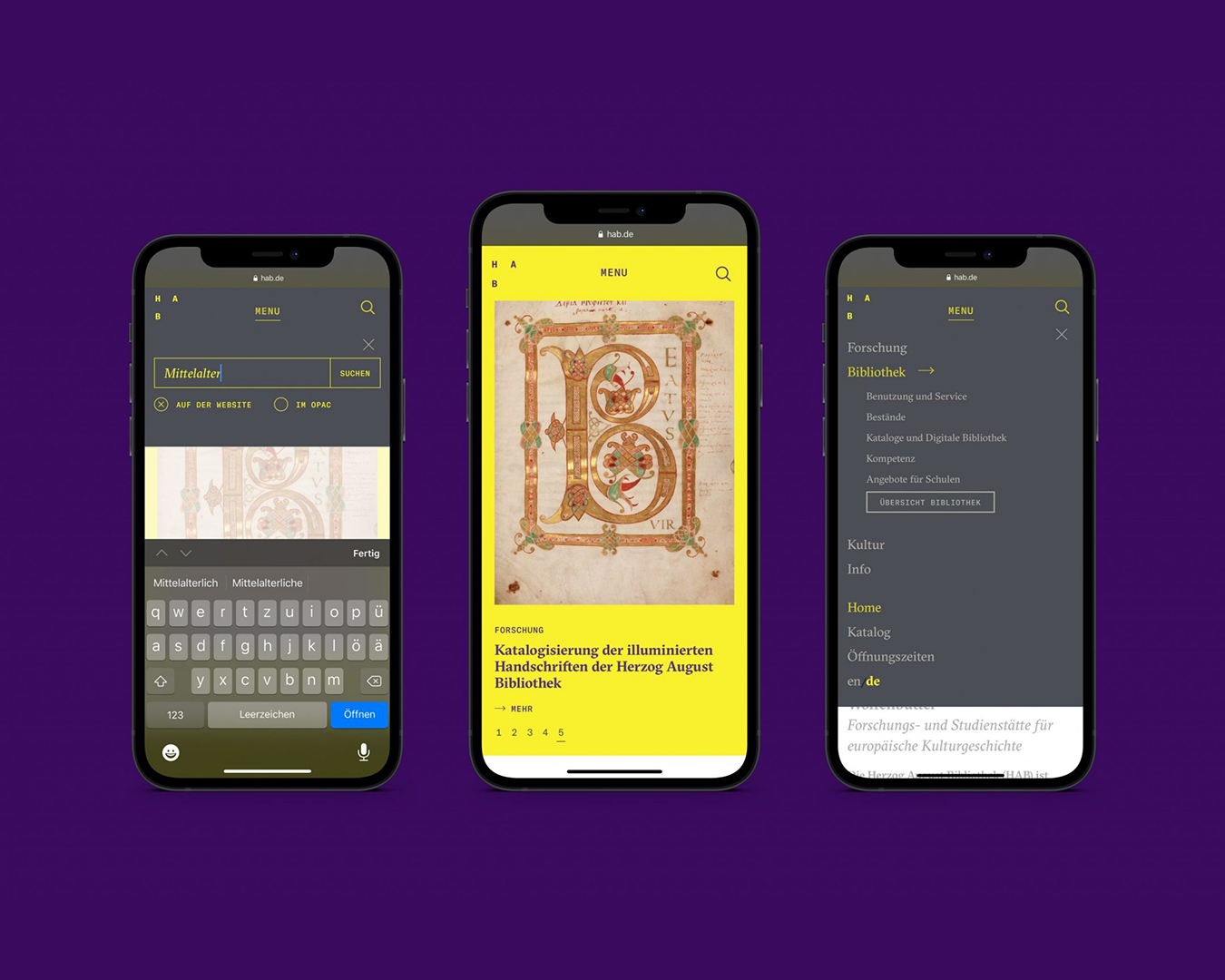 Drei Ansichten der mobilen Website hab.de auf Handy-Screens. Links die Suchfunktion, in der Mitte die Startseite mit großem Header-Bild, rechts das Menü.