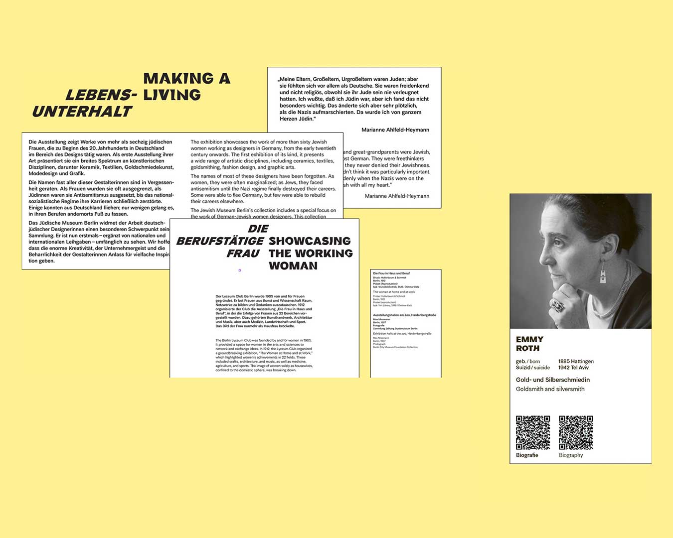 Beispielansichten von Textsorten der Ausstellungstexte auf gelbem Hintergrund