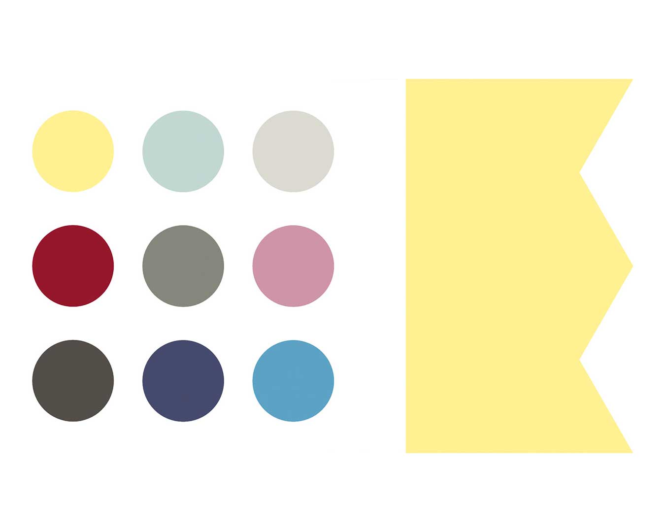 Farbwelt der Ausstellung Widerstände – Jüdische Designerinnen der Moderne. Gelb, Hellblau, Grautöne, Bordeauxrot, Altrosa und Petrol als Farbkreise. Daneben eine gelbe Fläche mit Zickzack-Kante rechts.