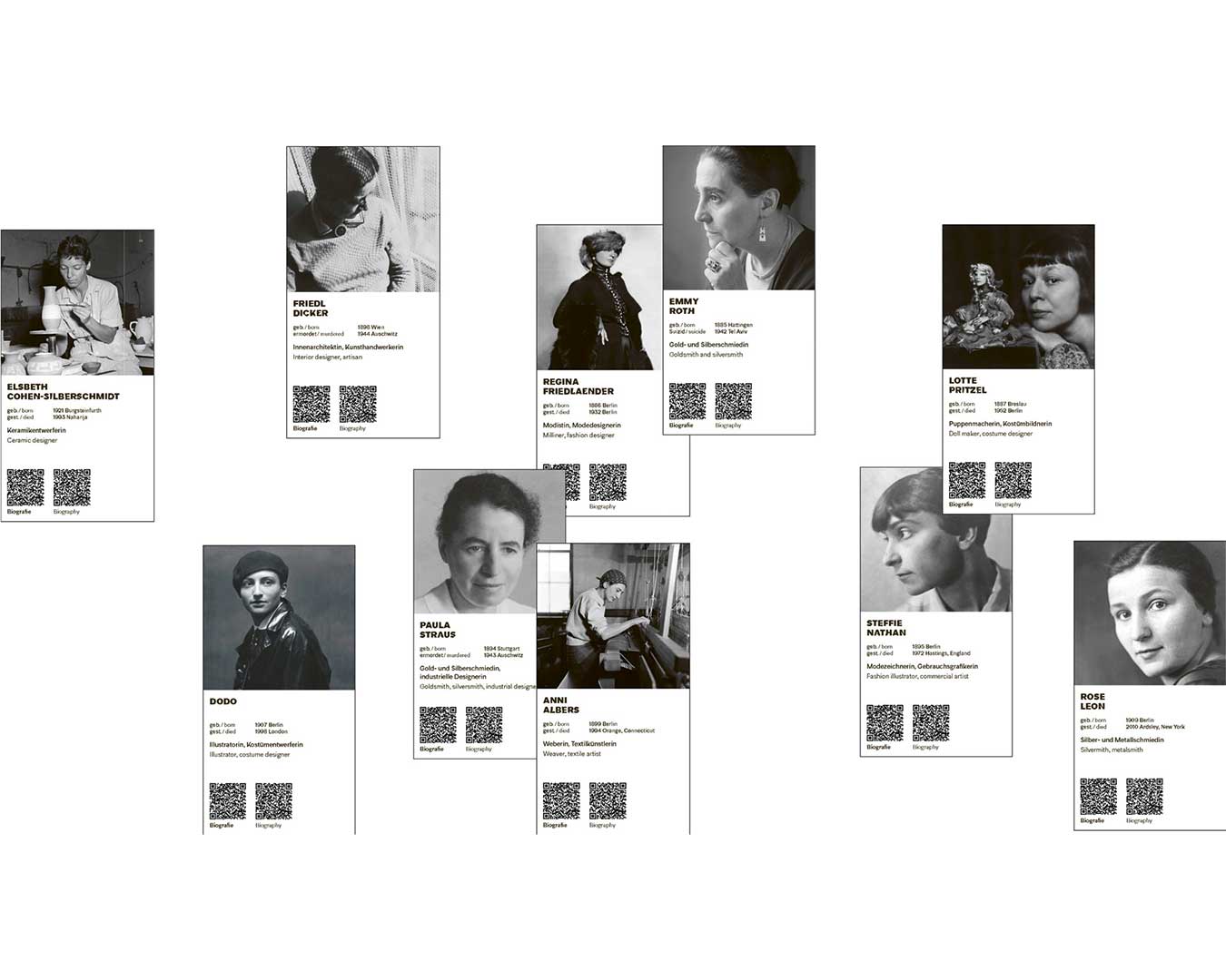 Ansicht von Schwarzweiss-Portraits mit QR-Codes von Designerinnen
