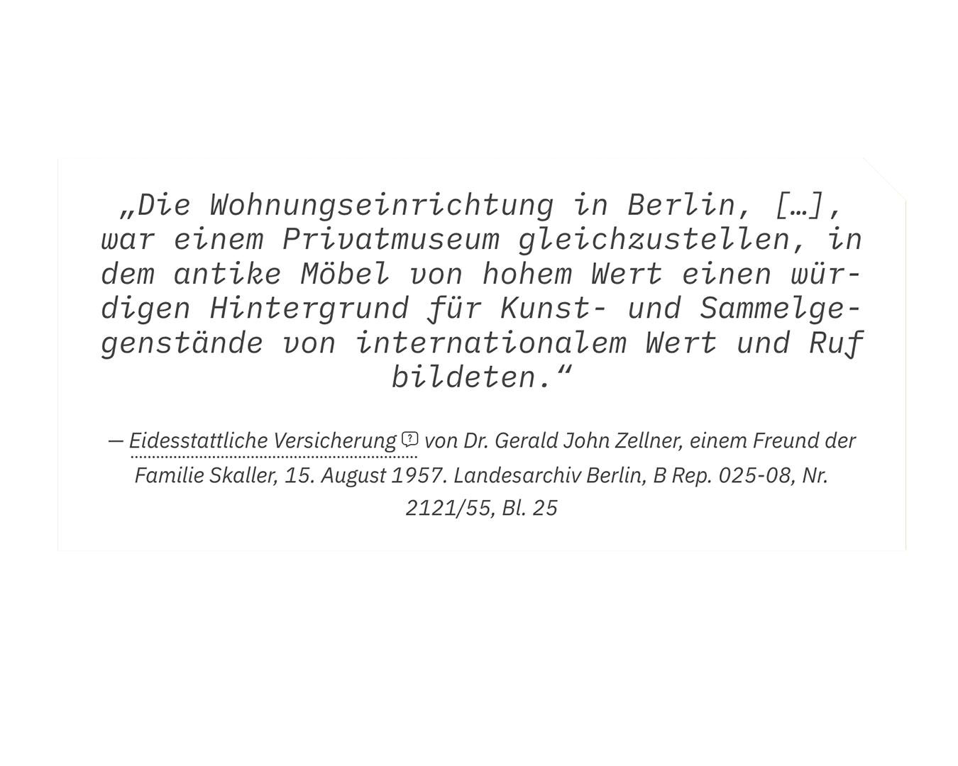 Weiße Karte mit Fließtext in moderner Schreibmaschinenschrift auf Pistaziefarbenem Hintergrund