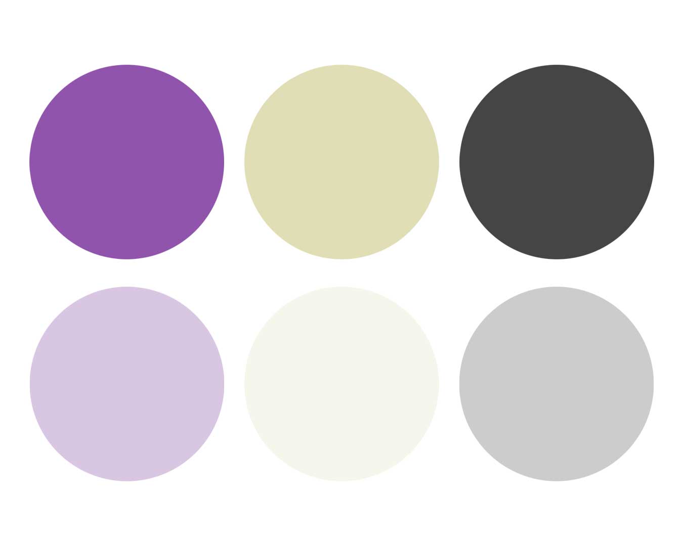 Farbfelder Lila, Pistazie und Kohle, jeweils mit Abstufungen