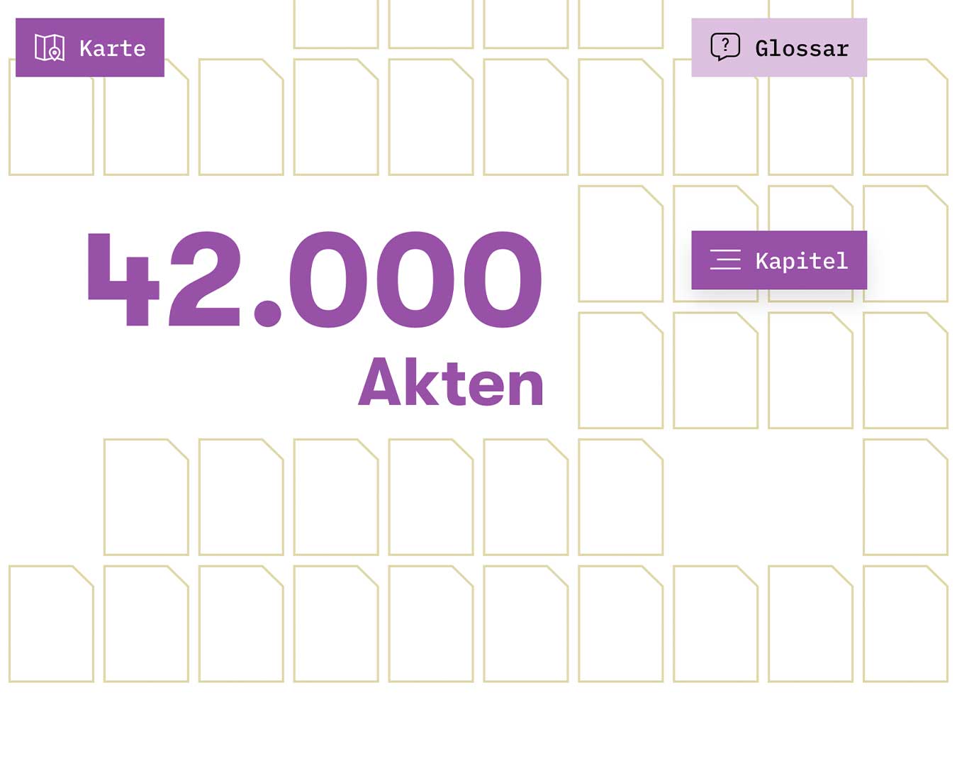 Grafik mit Titel „42.000 Akten“. Aneinandergereihte Datei-Icons in Pistazienfarbe. Uner Interface mit Buttons in Lila