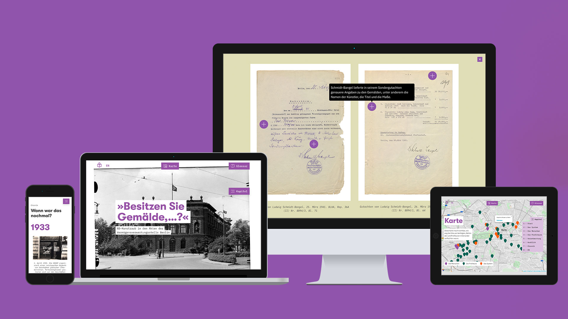 Screengrößen Ansichten vor lila Hintergrund.