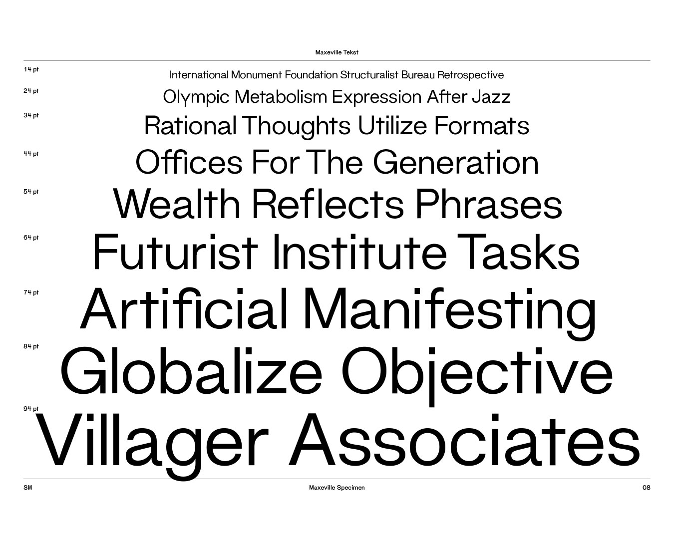 Typografie Beispielabbildung der Schrift mit dem Titel Maxeville Tekst, Schwarz auf Weiß. Serifenlose Groteskschrift. Neun Zeilen mit Beispieltexten.