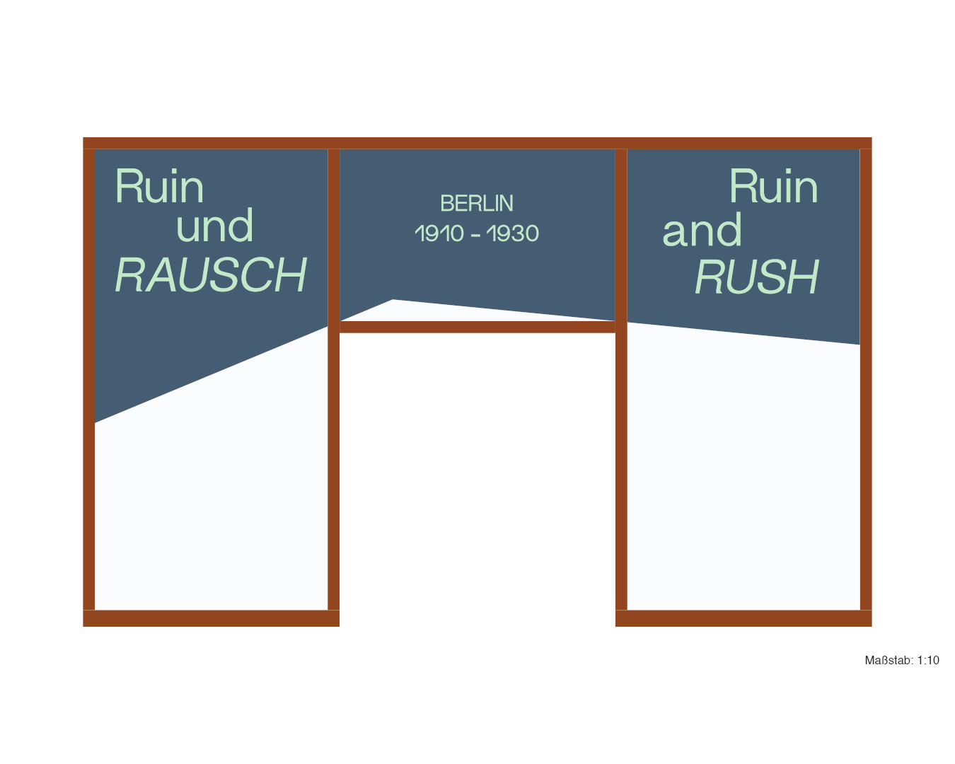 Grafikentwurf mit Glastür und Titel: Ruin und Rausch, Ruin and Rush Berlin 1910-1930 Hellgrün auf Petrolblau