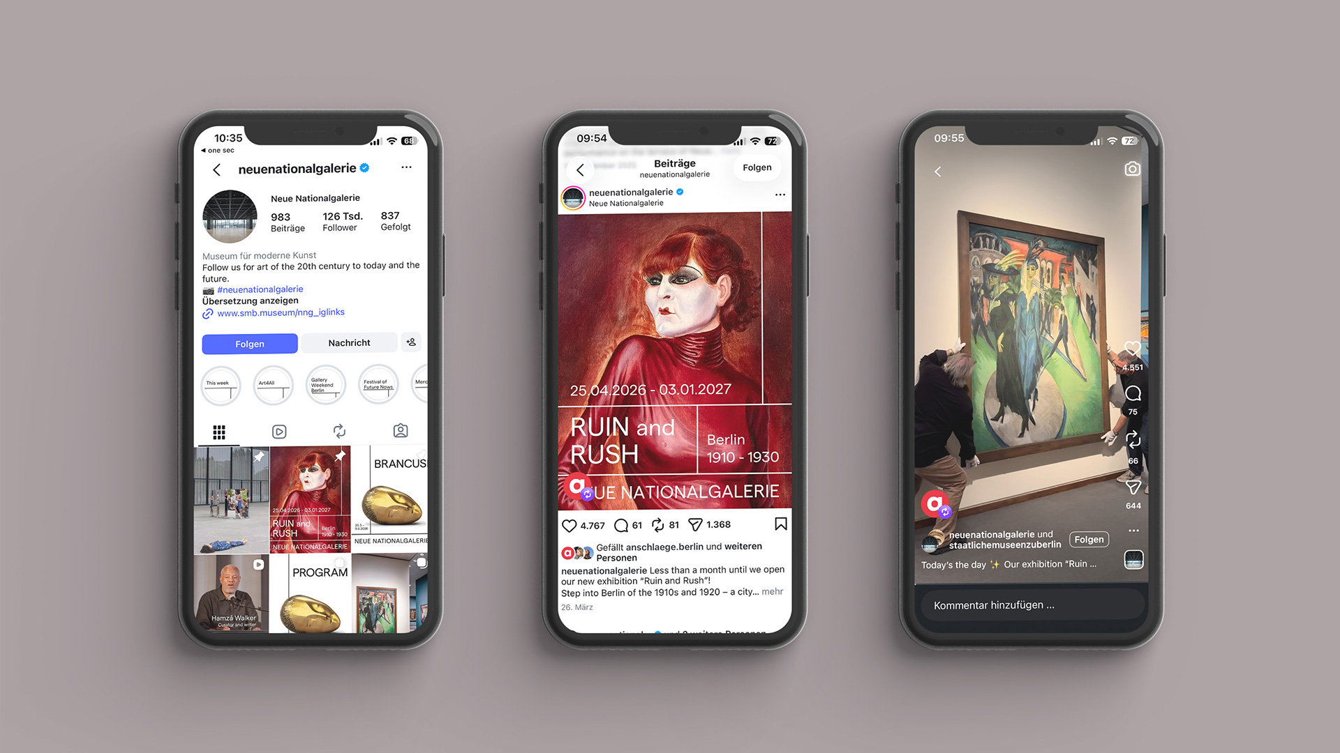 Abbildung der Social Media Kampagne mit drei iPhones nebeneinander und Accountabbildungen.