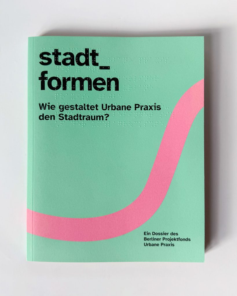Titelabbildung des stadt_formen Dossiers. Mintgrün mit pinker Linie