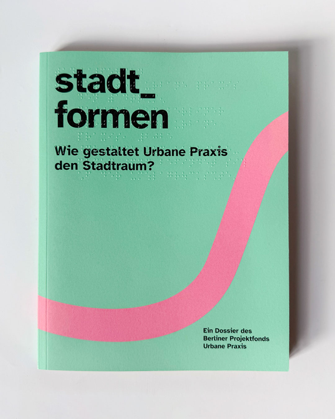 Titelabbildung des stadt_formen Dossiers. Mintgrün mit pinker Linie